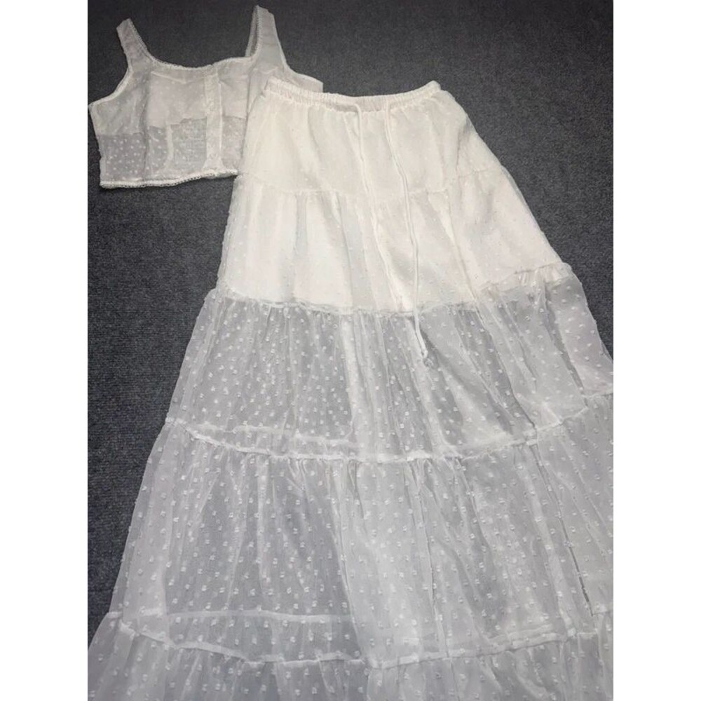White Swiss Dot Two Piece Crop Top & Maxi Skirt Set Size M